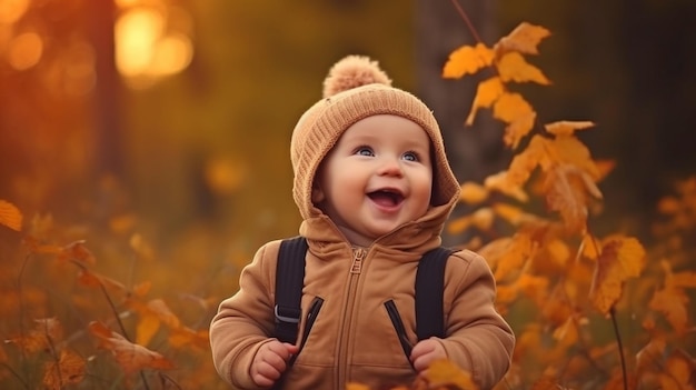 Menino rindo e brincando lá fora no outono durante um passeio pela natureza The Generative AI
