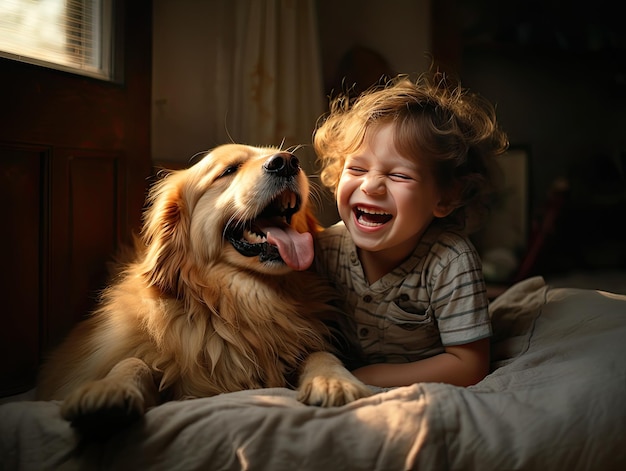 Menino rindo enquanto abraça seu cachorro