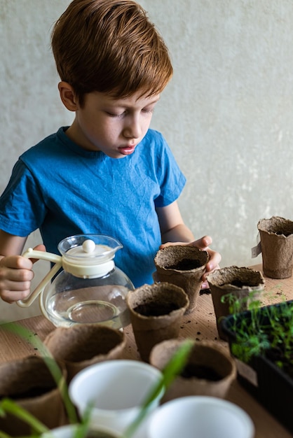 Menino ruivo criança europeia prepara o terreno para o transplante de planta em vaso conceito de jardinagem em casa de aprender a cultivar plantas para pré-escolares Foto vertical