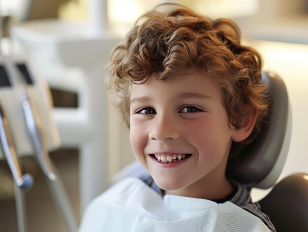 Foto menino satisfeito no consultório do dentista