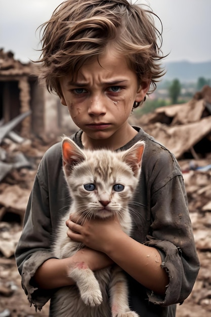 menino segurando um gatinho em seus braços nas ruínas de uma casa destruída