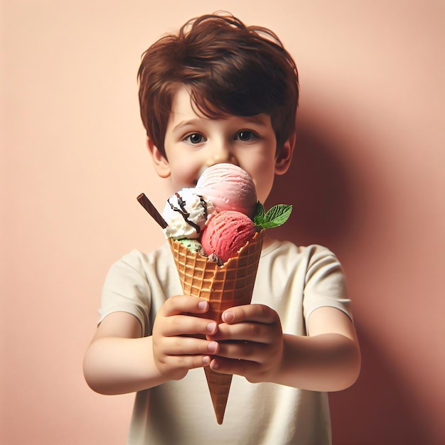 Foto menino segurando um grande cone de sorvete