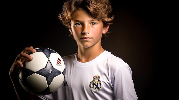 menino segurando uma bola de futebol com espaço de cópia gerado por AI