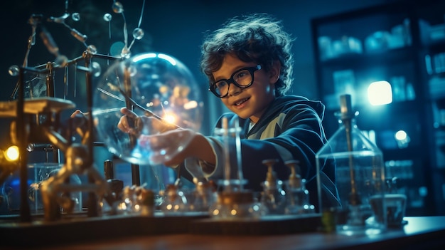 Foto menino segurando uma bola de vidro em laboratório para experimento científico de volta às aulas