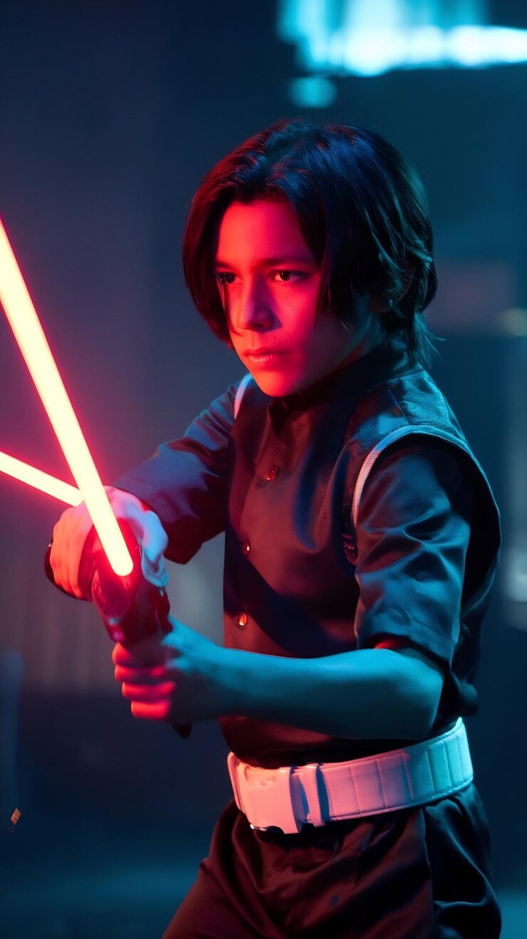 Foto menino segurando uma espada laser em meio à luz vermelha