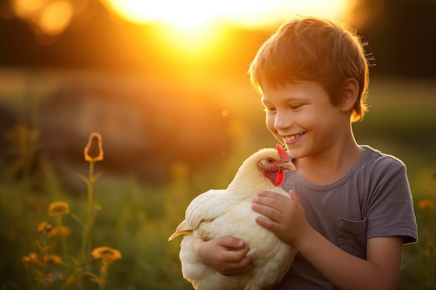 Menino segurando uma galinha no campo