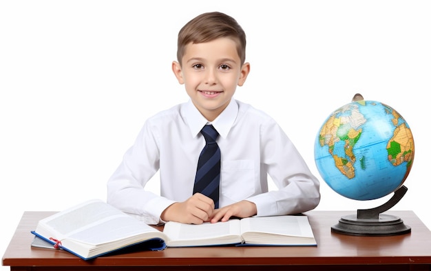 Menino sentado à mesa com livros e globo