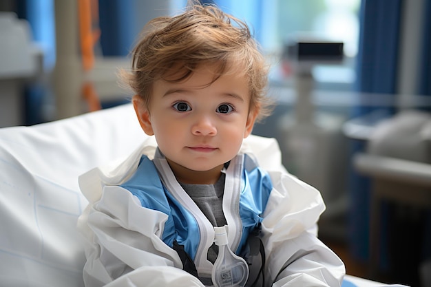 Menino sentado em uma cama de hospital e sorrindo