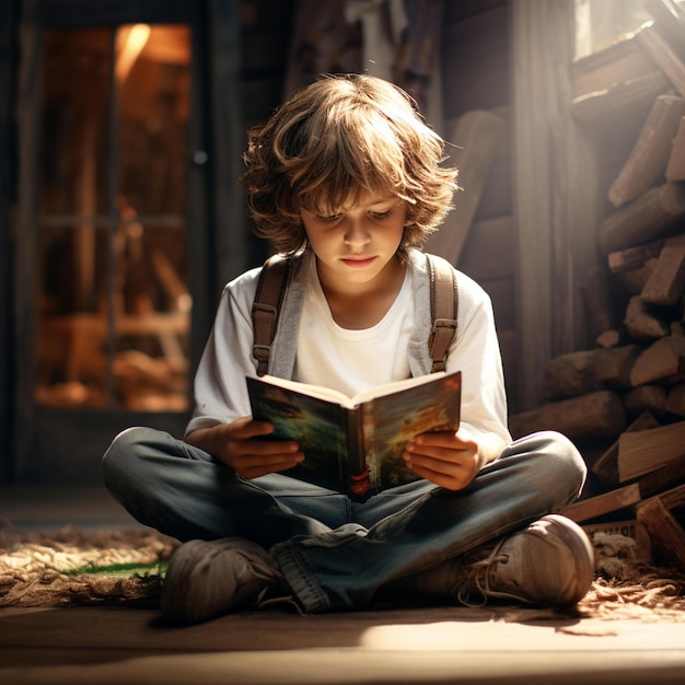Foto menino sentado no chão lendo um livro em frente a uma pilha de madeira