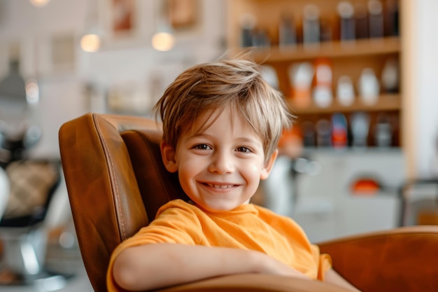 Menino sentado no salão de cabeleireiro em uma cadeira com um belo corte de cabelo AI generativa