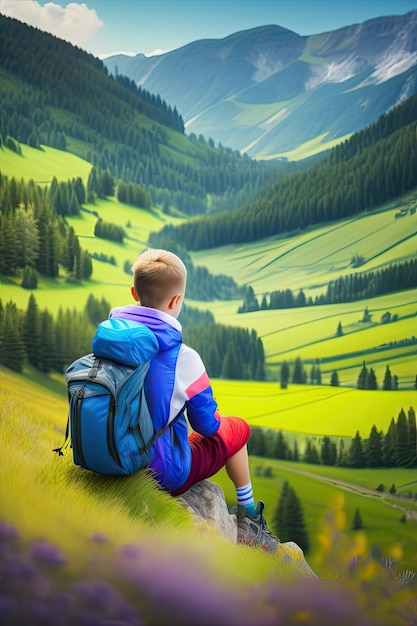 Menino sentado no topo de uma colina em um campo de grama e desfrutando de uma bela vista da paisagem