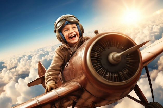 Menino sonho retro brinquedo de verão avião viagem jogo avião piloto pessoa