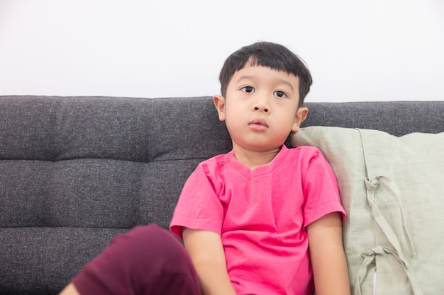 Menino sorridente assistindo TV e pressionando o controle remoto em um sofá confortável na sala de estar