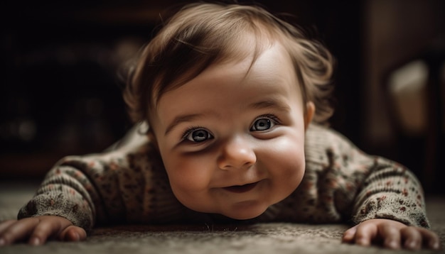 Menino sorridente brincando alegremente no chão gerado por IA