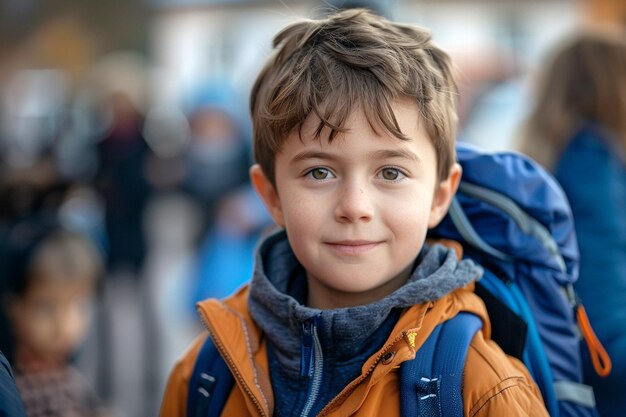 Menino sorridente com mochila ao ar livre