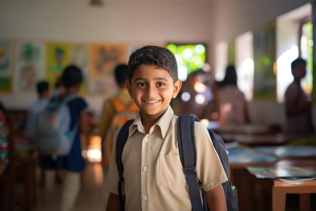 Menino sorridente com mochila em pé na sala de aula cheia de alunos de crianças de volta à escola