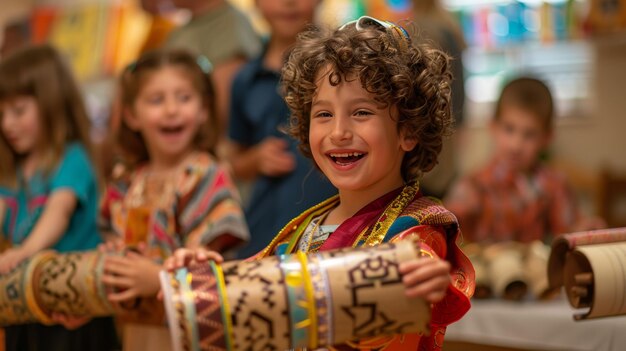 Menino sorridente com pergaminhos tradicionais celebrando a Festa de Shavuot