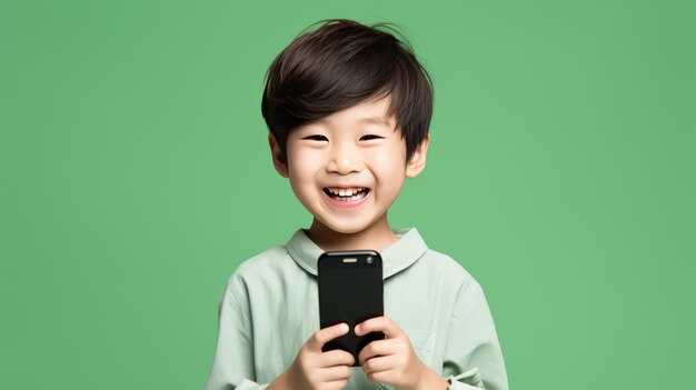 Menino sorridente com um telefone celular em um fundo colorido.