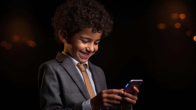 Menino sorridente com um telefone celular em um fundo colorido.