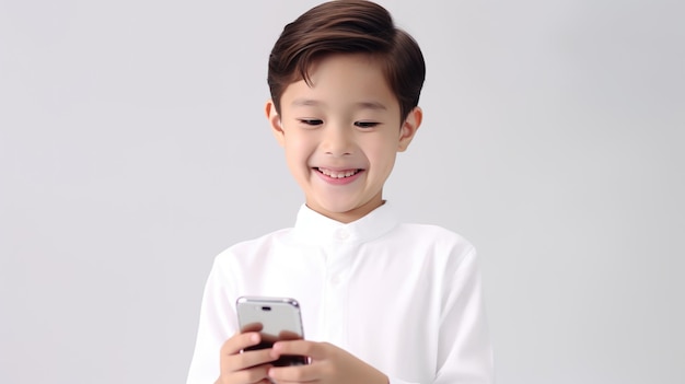 Menino sorridente com um telefone celular em um fundo colorido.