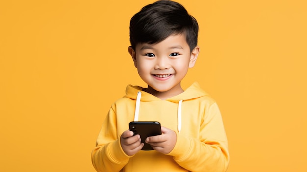 Menino sorridente com um telefone celular em um fundo colorido.