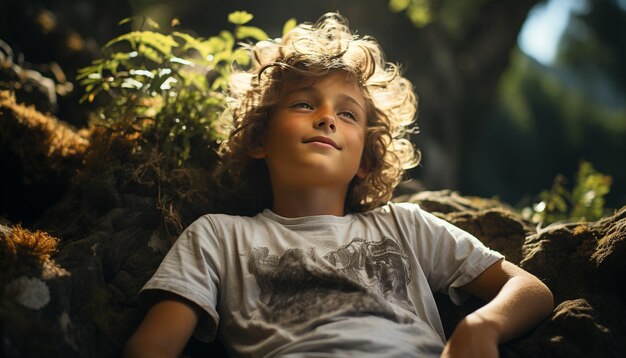 Menino sorridente desfruta da natureza sentado na floresta verde brincalhão gerado pela inteligência artificial