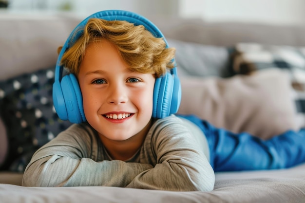 Menino sorridente desfrutando de música com fones de ouvido sem fio azuis