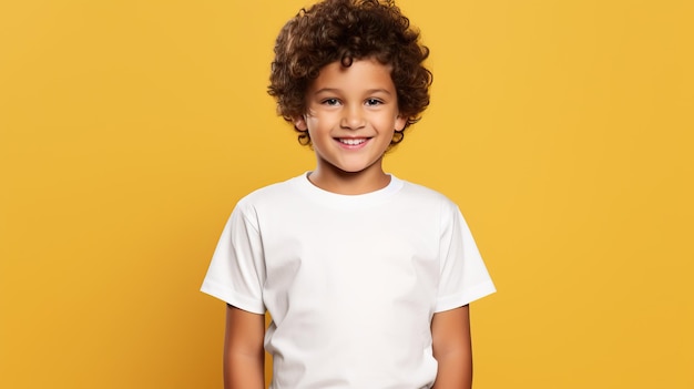 Foto menino sorridente feliz em camisa branca posando em fundo amarelo colorido mock up design de impressão