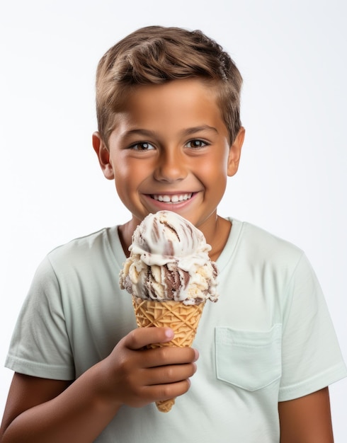 Menino sorridente segurando uma casquinha de sorvete