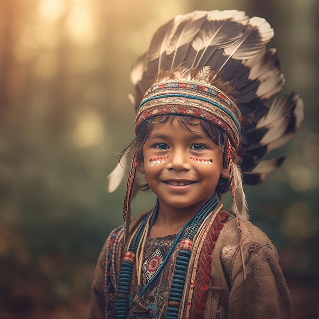 menino sorridente usando cocar nativo americano sobre fundo desfocado da floresta escura