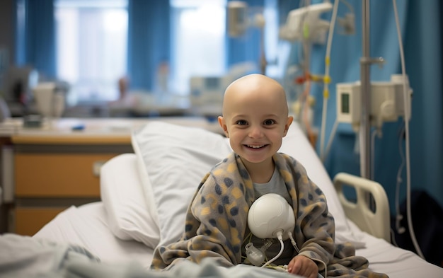 Menino sorrindo em uma cama de hospital com câncer IA generativa