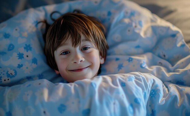 menino sorrindo na cama