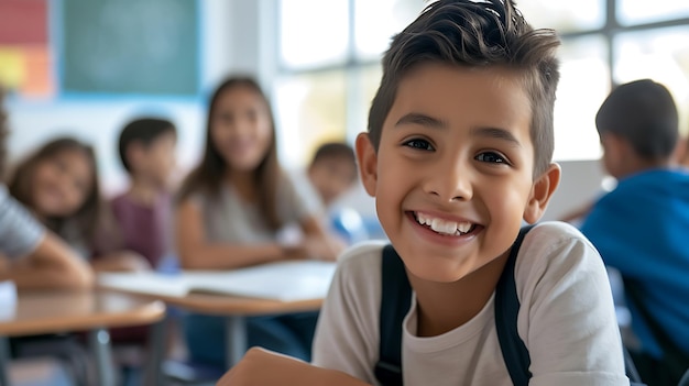 Menino sorrindo na frente da sala de aula AI generativa