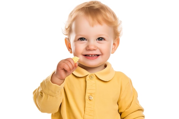 menino sorrindo para a câmera enquanto comia um lanche Vestindo moletom amarelo Estúdio filmado em fundo branco