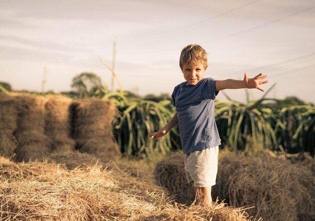 Menino sorriso jogar dança careta mostrar suporte de camiseta azul no palheiro fardos de grama seca céu claro dia ensolarado Treinamento de equilíbrio Conceito infância feliz crianças ao ar livre ar limpo perto da natureza