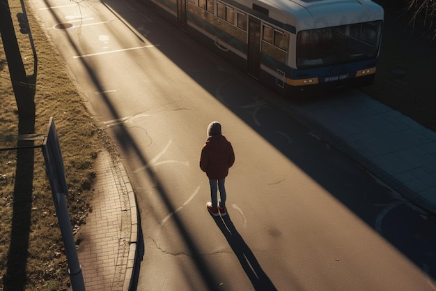 menino sozinho esperando por um bonde no ponto de ônibus na luz do sol vista de alto ângulo por trás