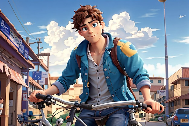 Menino triste de anime parado com uma bicicleta e olhando a paisagem urbana da natureza, um fundo de papel de parede da cidade