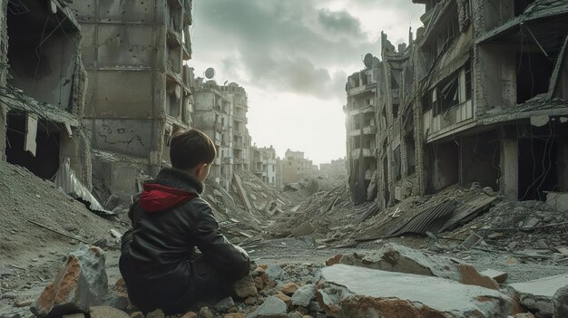 Foto menino triste em uma cidade devastada pela guerra.