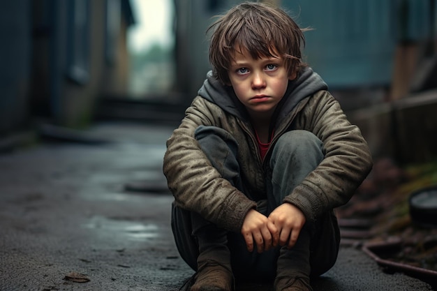 Foto menino triste vivendo na pobreza na rua da aldeia gerar ai