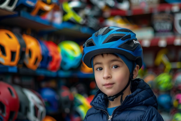 Menino usando capacete na loja