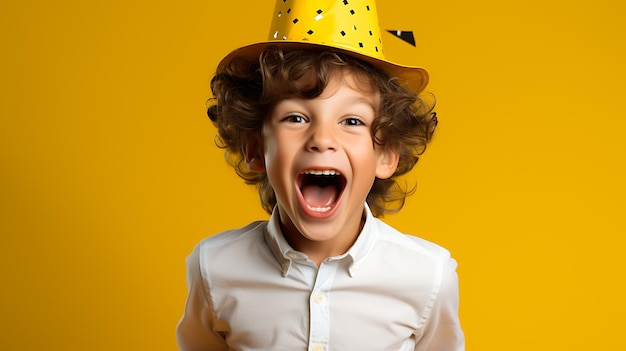 menino usando chapéu de aniversário com expressão alegre em fundo amarelo generativo ai