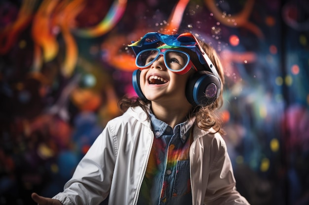 Foto menino usando fone de ouvido vr usuário mundo surreal e campos de flores coloridas de realidade virtual generative ai