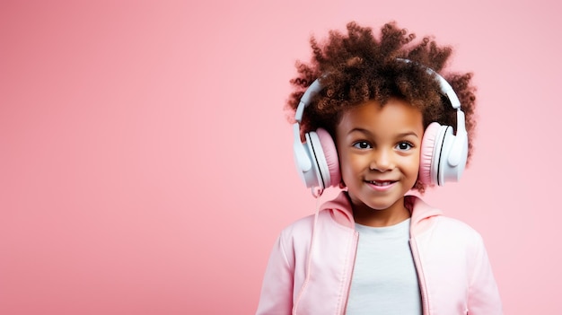 Menino usando fones de ouvido em um fundo rosa ouvindo sua música favorita