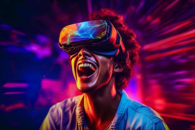 menino usando óculos vr em fundo neon