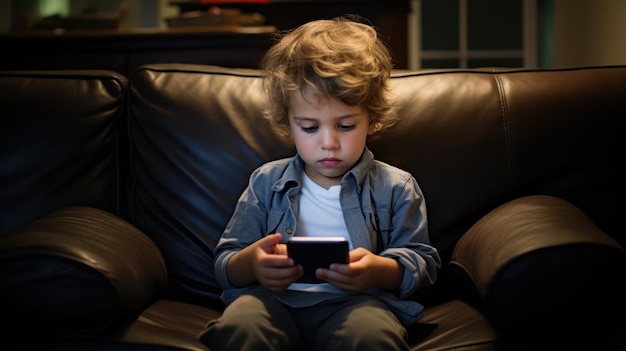 Menino usando smartphone na sala escura