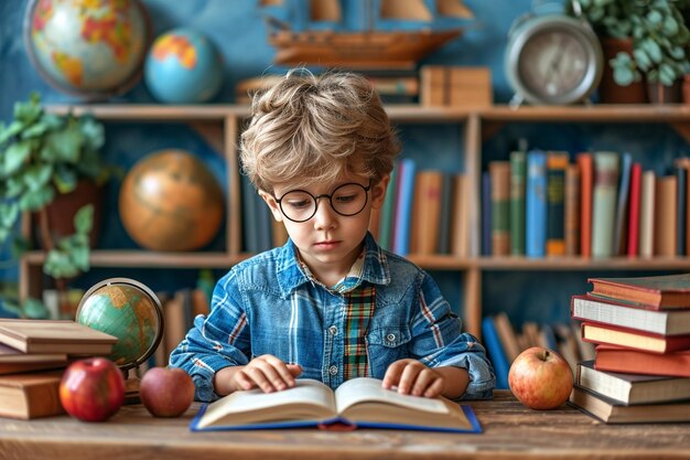 Menino usando tablet com objetos educacionais