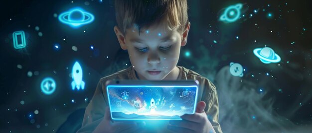 Menino usando tablet digital foguete UI azul lançar vários ícones conexão de rede de mídia social conceito de oportunidades educacionais no futuro