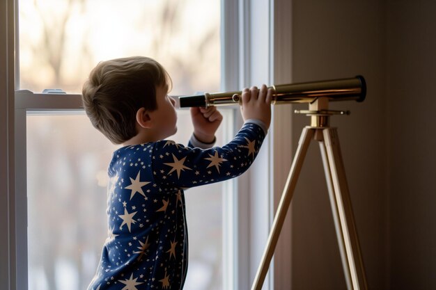 Menino usando telescópio pela janela em pijama com padrões de estrelas