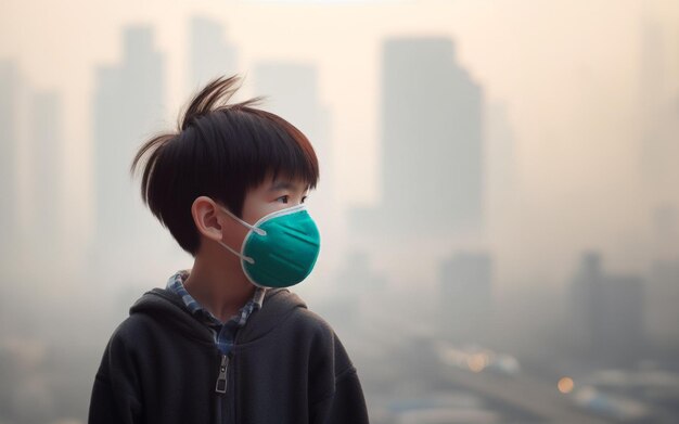 Menino usando uma máscara para evitar toxinas na capital que está cheia de smog PM25 e metais pesados