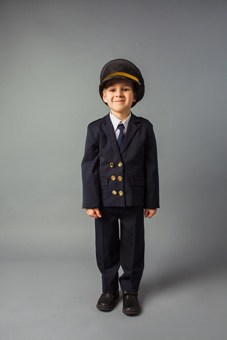 Foto menino vestido com um uniforme de piloto preto fica no fundo cinza